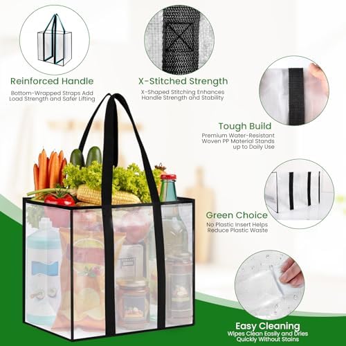 Reusable Grocery Bags, Clear Shopping Bags, 4 Pack, 33L