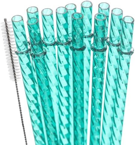 Dakoufish 12 Inch Reusable Clear Plastic Swirl Drinking Straws for 30 oz & 40 oz Jars/Tumblers,Set of 12 Pcs Replacement Crystal Teal Straws with Cleaning Brush (12inch,Teal)