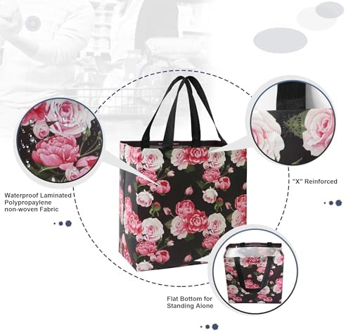 BeeGreen Flower Reusable Shopping Bags For Groceries 6 Pack- Large Foldable Tote Bags- Strong Handles for Heavy Groceries, Perfect for Supermarket, Farmers Market, and Storage Organization