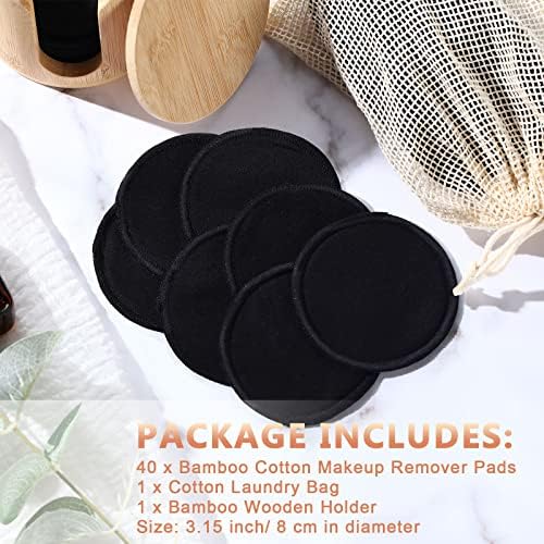 Foaincore 40 Pcs Reusable Makeup Remover Pads with Mesh Storage Bag and Bamboo Box Washable Bamboo Cotton Rounds Soft Reusable Face Pad for Toner Skin Various Skin Care Products(Black)