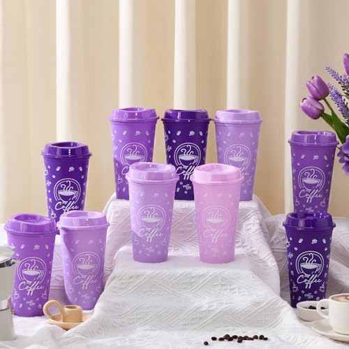 12 Sets Reusable Coffee Cups with Lids, 16oz, Purple Series