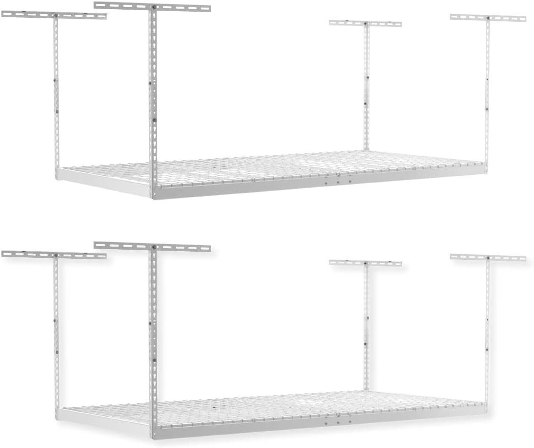 2-Pack 4 x 8 MonsterRax Overhead Garage Storage Rack, Ceiling Racks for Garage, Organization Shelving, Adjustable Hanging Shelf, White, 12"-21" Height Adjustment