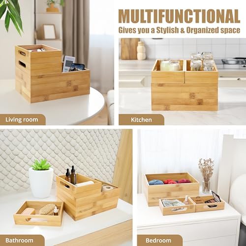 HOMESTEAD 3-Piece Stackable Bamboo Storage Box, Large Storage Bin, Wooden Boxes for Makeup Drawer Organizer Bathroom, Office Supplies, Kitchen Utensils, Bamboo Storage Containers (Medium)