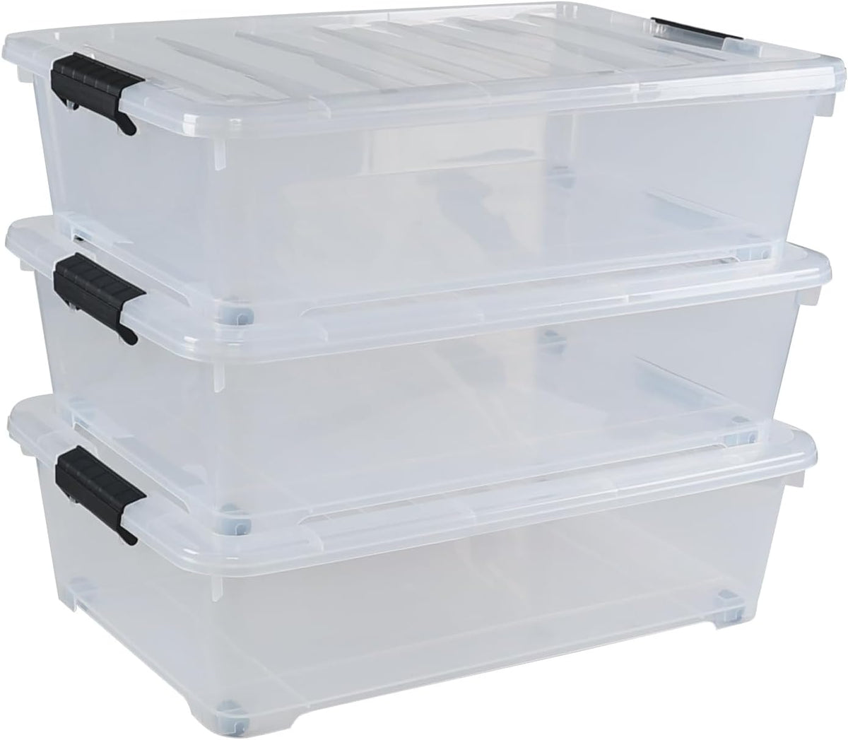 25 L Under Bed Storage Containers Plastic, 3 Packs Latch Storage Box with Wheels