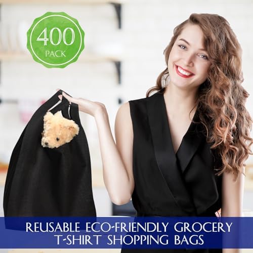 Windyun Large Grocery T-shirt Bags Bulk Reusable Non Woven Shopping Bag Foldable Gift Tote with Handle, 20.5x11x5.5 Inch