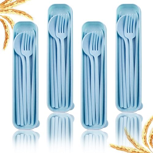4 Sets Reusable Utensils Set with Case,Camping Cutlery Set Travel Silverware Set with Case Lunch Utensils Set for Work,Utensil Sets for Lunch Picnic Daily Use Outdoor (Lightblue)