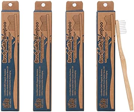 Brush with Bamboo Toothbrush with Plant-Based Bristles, Organic Bamboo, BPA-Free, Eco-Friendly, 100% Biobased, Soft Bristles, Zero Waste, Dental Care Product - 4 Pack