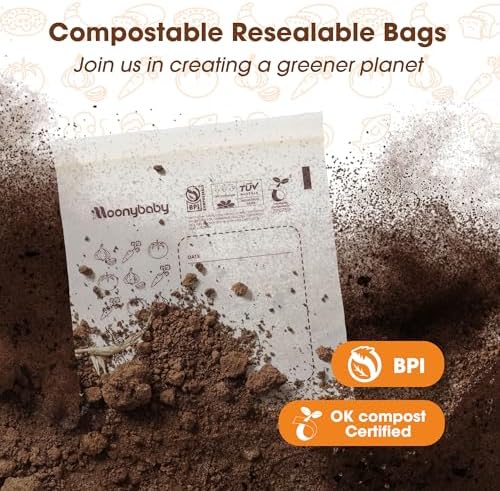 Moonybaby Compostable Sandwich Size Food Storage Bags (30 Count), Organic Food Storage Container with Food-Safe Zip Seal, Freezer and Leak Proof