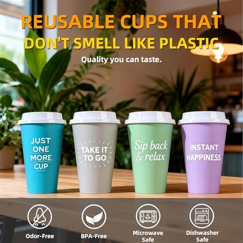Plastic Reusable Coffee Cups with Lids, 15 Pack