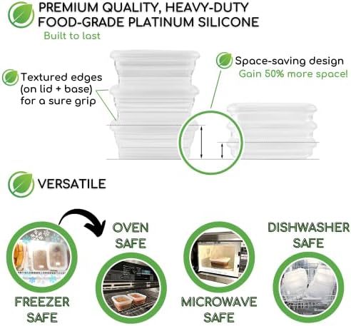 Premium Silicone Collapsible Food Storage Containers with Silicone Leakproof Lids, Platinum Food-Grade, BPA Free, LFGB Certified, Compact, Reusable Lunch Box, Microwave Safe, 4.9 Cups 3 Pk