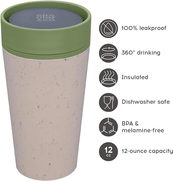 Circular and Co Reusable Coffee Cup 12oz/340ml - The World's First Travel Mug Made from Recycled Coffee Cups, 100% Leak-Proof, Sustainable & Insulated (Cream & Honest Green)