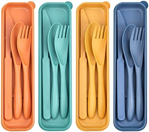 DISSKNIC 4 Sets Reusable Utensils Set with Case,Travel Utensils Cutlery Set Spoons and Forks Set, Reusable Plastic Utensils for Lunch Box Accessories for Adults, Portable Lunch Utensils Set for Daily