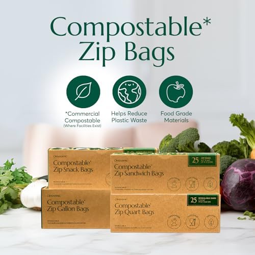 Cleanomic Compostable Zip Sandwich Bags - Leak Resistant, Gallon, Quart, Sandwich, Snack - 125 Count