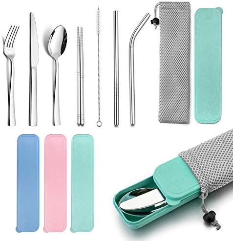 HaWare Portable Travel Utensils with Case, Stainless Steel Silverware Set for Camping Office School Lunch, Including Knife Fork Spoon Chopsticks, Reusable and Dishwasher Safe(Green)
