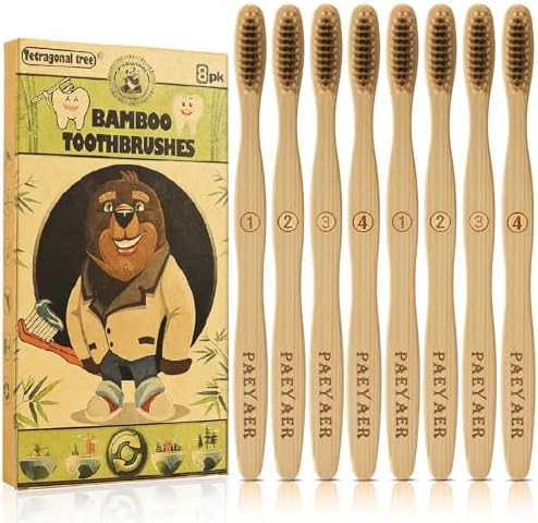 Biodegradable Eco-Friendly Natural Bamboo Charcoal Toothbrushes | 4 Soft Bristles + 4 Medium Bristles | Ideal for Households, Hotels, Travel, Work, Dentists, and Schools (8 Count)