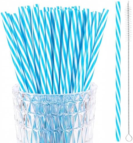 JANYUN 30 Pcs Reusable Blue and White Straws with Cleaning Brush