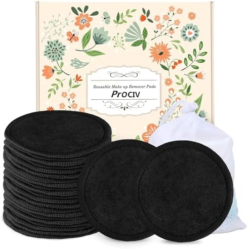 ProCIV Reusable Makeup Remover Pads, 25 Packs Organic Washable & Eco, Black