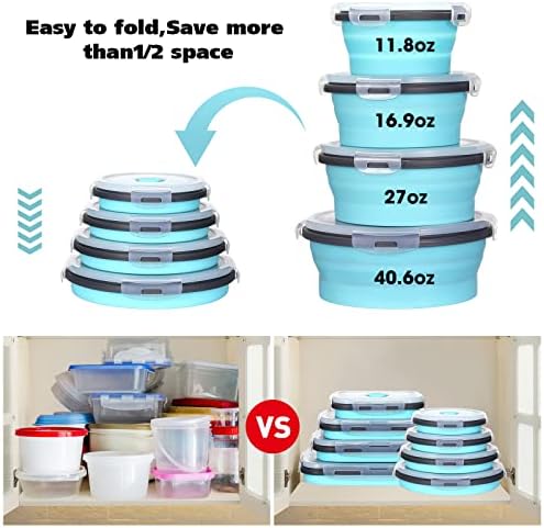 Mimorou 8 Pcs Collapsible Food Storage Containers Foldable Silicone Lunch Containers with Lids 4 Silicone Rectangle Collapsible Bowls and 4 Round Food Bowls Microwave Freezer Dishwasher Safe (Blue)