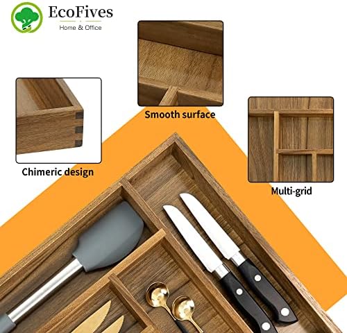EcoFives Luxury Acacia Kitchen Drawer Organizer - Silverware Organizer - Utensil Holder and Cutlery Tray with Grooved Drawer Dividers for Flatware and Kitchen Utensils (6 Slot)