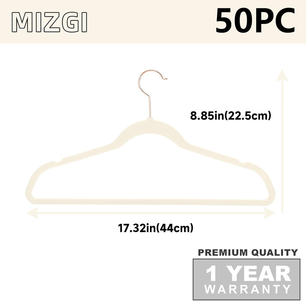 MIZGI Premium Velvet Hangers (50 Pack) Heavy Duty - Non Slip Felt Hangers - Velvet Suit Hanger Ivory - Rose Gold Hooks,Space Saving Clothes Hanger