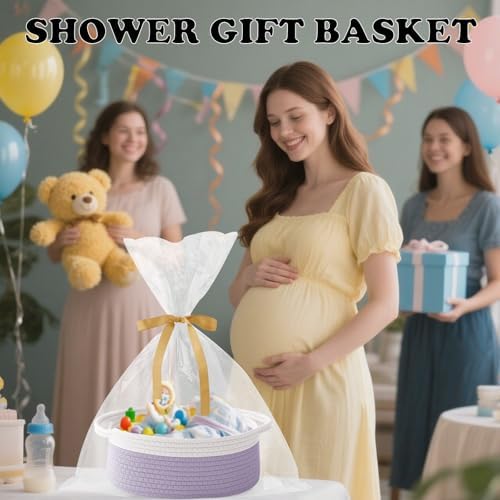 Woven Rope Basket-Baby Gift Basket with Bag & Ribbon, White&Purple