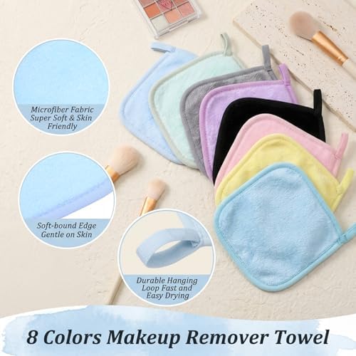 48 Pcs Makeup Remover Cloth Reusable Makeup Remover Pads Soft Microfiber Face Towels Facial Cleansing Cloths for Face Hand Eye Lips Bathroom Gift for Women 6.3 x 5.5 Inch(8 Colors)