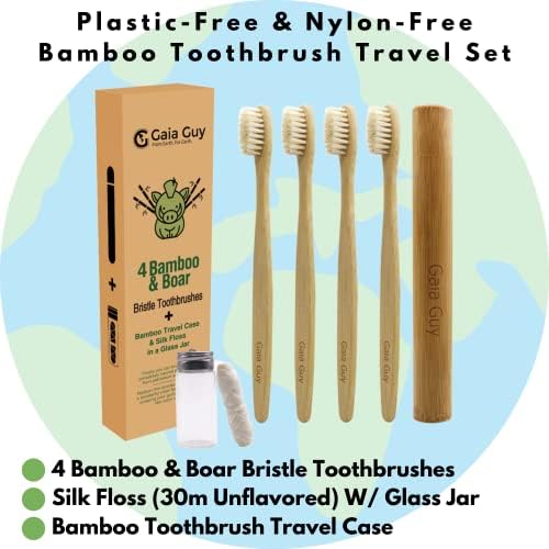 Gaia Guy Bamboo and Boar Bristle Toothbrush (4 Pack) + Travel Case & Silk Dental Floss | 100% Compostable Bristles and Floss | Eco-Friendly Dental Set | Biodegradable & Compostable Wooden Toothbrushes
