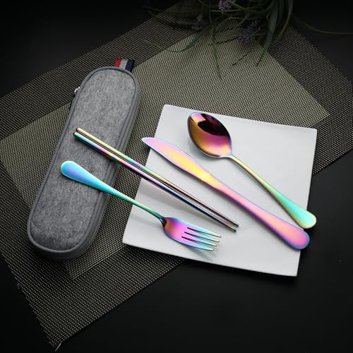 DEVICO Travel Utensils with Case, 5 Piece Portable Silverware Set for Work