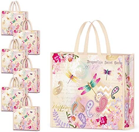 NymphFable Dragonfly Shopping Bags, 6 Pack Reusable Grocery Tote Bag 50LBS