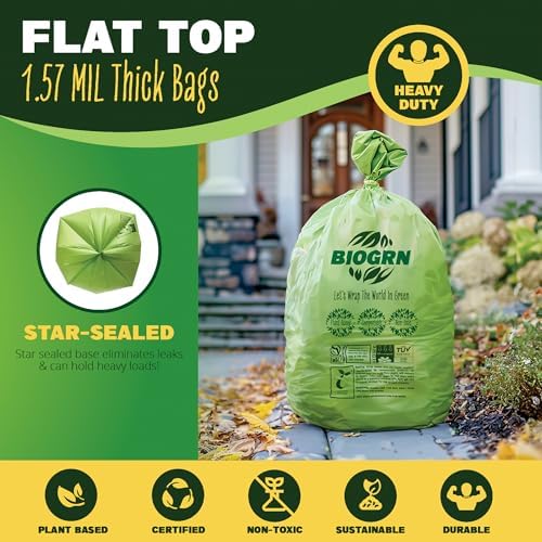 50-55 Gallon Compostable Trash Bags, 12 Count, 1.57 Mil Heavy Duty Flat Top Large Trash Bags for Lawn, Leaf, Yard Waste & Outdoor Garden Cleanup, ASTM D6400 BPI & OK Compost HOME Certified