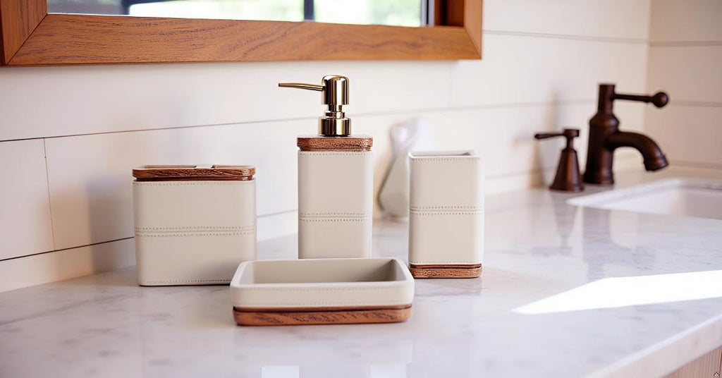 Hymmah Leather Pattern Design Bathroom Accessories Set,Farmhouse Bathroom Decor,4 Pcs Resin Gift Set Apartment Necessities, Contain Cotton Swab Jar,Soap Dispenser,Tumbler，Soap Dish/Tray