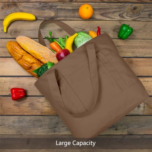 TOPDesign 1-Pack Canvas Tote Bag with an External Pocket, Reusable Grocery Shopping Bag, Top Zipper Closure, Daily Essentials (Brown)