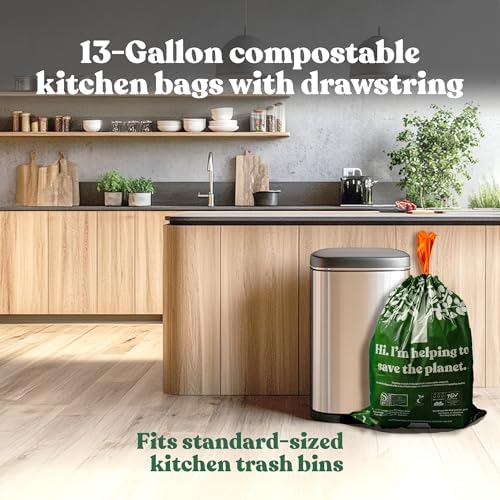 Healthy Earth 13 Gallon Compostable Drawstring Trash Bags, 1.13 Mil Extra Thick Tall Kitchen Liners (49.2 L), Heavy Duty Leak-Proof Food Scrap Bags, BPI & TÜV OK Compost Certified, 30 Count