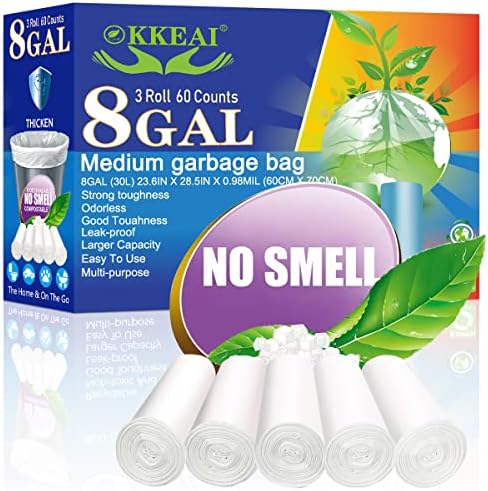 OKKEAI 8 Gallon Garbage Bags, White Trash Bags for Kitchen Waste, 60 Count
