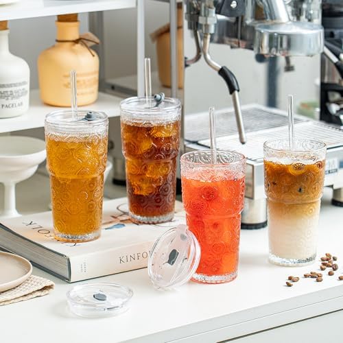 SoulTimes 20oz Begonia Flower Glass Tumbler with Bamboo Lid and Straw–Iced Coffee Glasses Cups for Smoothie, Matcha, Juice, Water etc. Leakproof and Reusable Glassware Drinking for Travel To Go [4Pcs]