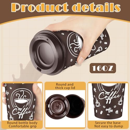 6 Sets Reusable Coffee Cups with Lids, 16oz, Brown