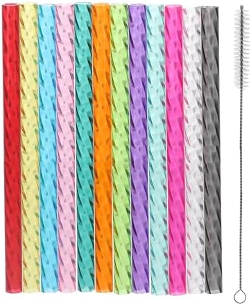 Dakoufish 6 Inch Reusable Clear Plastic Swirl Drinking Straws for Short Mini 6 oz-8 oz Mason Jar Tumblers,Set of 12 Pcs Replacement Straws with Cleaning Brush (6inch,12color)