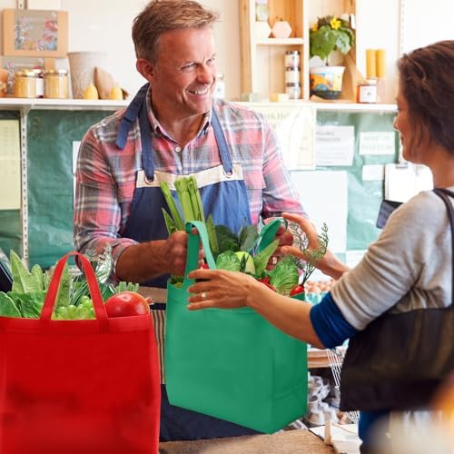 Reginary 50 Pcs Reusable Tote Bags Shopping Bags Non Woven, Red, Green
