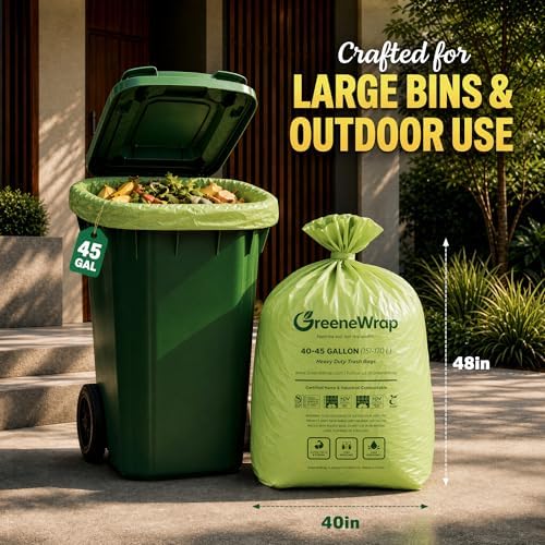 40-45 Gallon Compostable Trash Bags with Flat Top, 20 Count, Heavy Duty 1.6 Mil, Large Commercial Industrial Outdoor Contractor Bags, BPI Certified, ASTM D6400, Fits 40 45 Gal