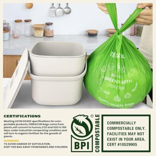 Compost Bags, 3 Gallon Compostable Food Scrap Bags Handle Tie,200 Count (Pack of 2),Certified by BPI and ASTM D6400