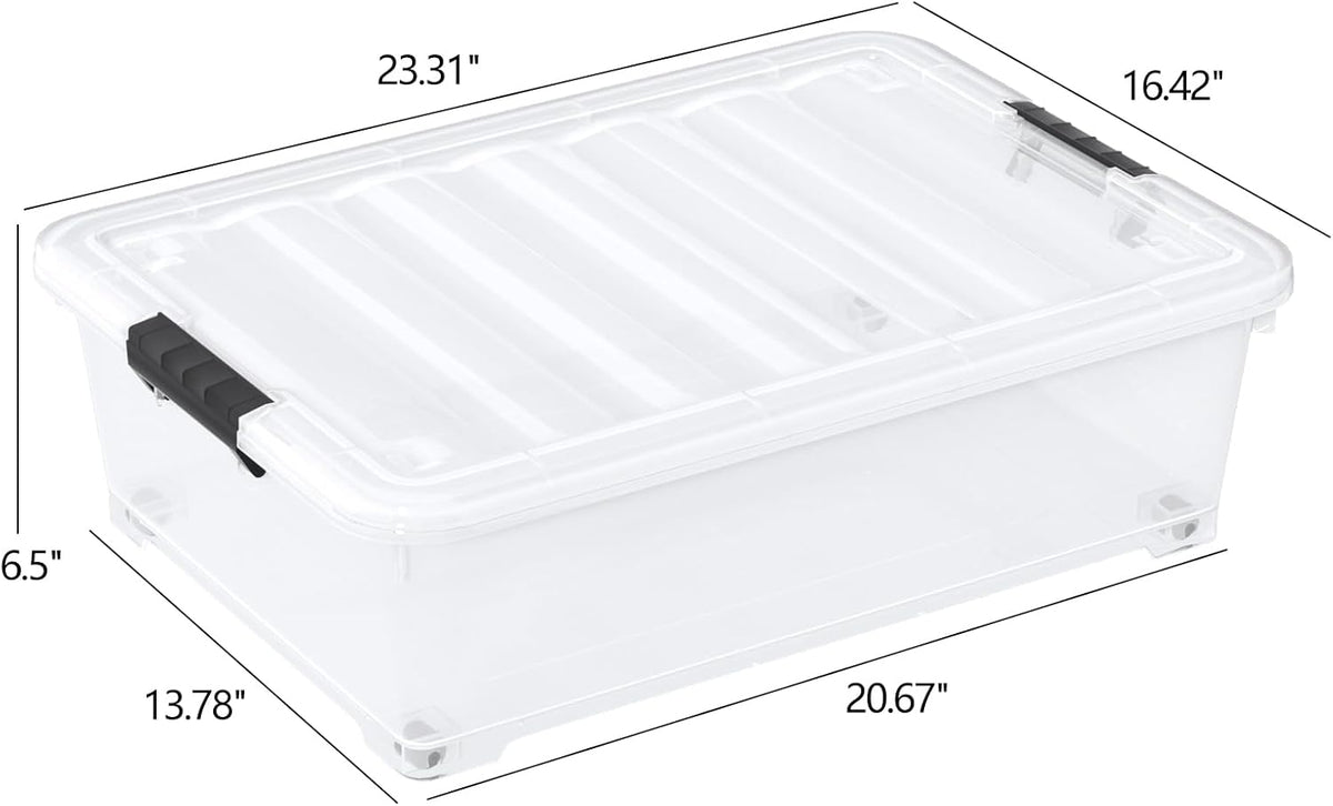 25 Quart Clear Underbed Storage Bins with Wheels, Stackable Plastic Latching Bin with Lid, 4 Packs