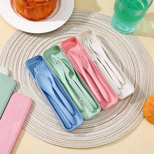 Reusable Utensils Set with Case, 28 Sets Wheat Straw Lunch Utensil Set, Portable Spoon Fork Knife Cutlery for Travel Camping Picnic Office Bento Box, Eco-Friendly BPA Free Tableware