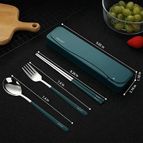 DEVICO Travel Utensils with Case, 4Pcs Portable Silverware Set for Work, 18/8 Stainless Steel Reusable Cutlery, Korean Spoon and Chopsticks Fork for Camping, School, Lunch Box Accessories (Dark Green)