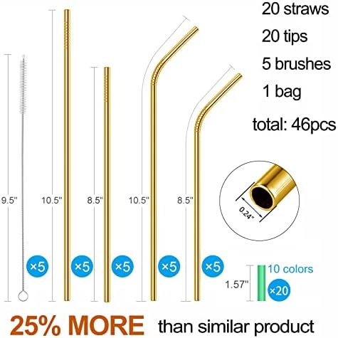 20 Pcs Gold Reusable Stainless Steel Straws,10.5" & 8.5" Reusable Drinking Straws with 20 Silicone Tips 5 Straw Brushes 1 Travel Case,Eco Friendly Extra Long Metal Straw for 20 24 30 oz Tumbler