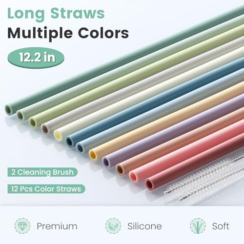 12-Pack Silicone Reusable Straws for Stanley 40 oz 30 oz Cup Tumbler, 12.2 inch Long Replacement Straws with 2 Cleaning Brushes