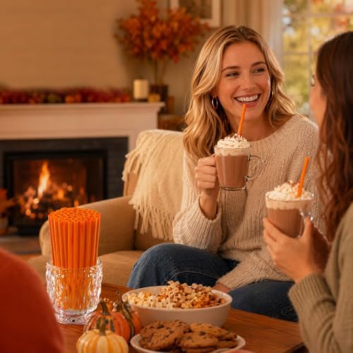 JANYUN 30 Pcs Reusable Pumpkin Straws with Cleaning Brush