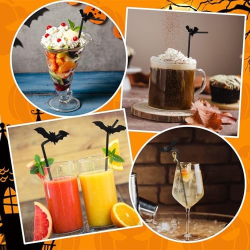 JANYUN 40 Pcs Black Halloween Straws Plastic with Glitter Bat Toppers