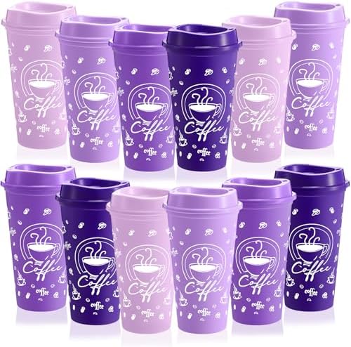 12 Sets Reusable Coffee Cups with Lids, 16oz, Purple Series