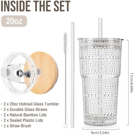 SoulTimes 20oz Hobnail Glass Tumbler with Bamboo Lids and Straws - Iced Coffee Glass Cups for Smoothie, Matcha, Juice, Water etc. Leakproof and Reusable Glassware Drinking for Travel To Go [2 Pcs]