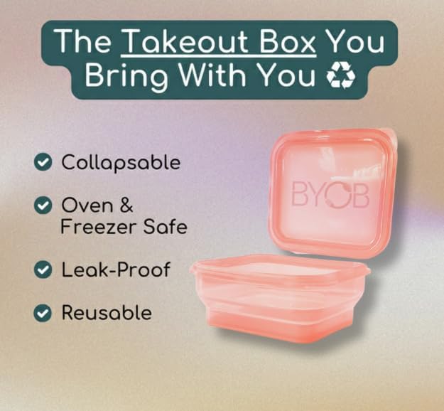 BYOB Collapsible Silicone Food Containers with Attached Lids – Reusable To-Go & Leftover Containers, Platinum Silicone, Leak-Resistant – 4 Pack (Pink)